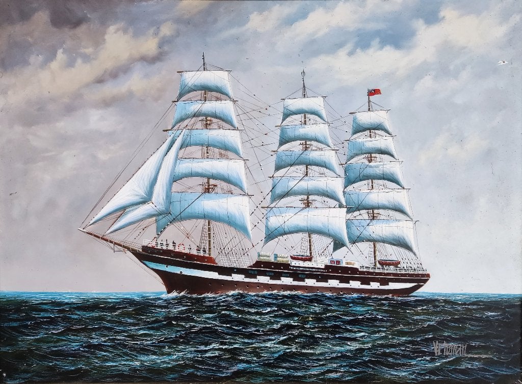 Hollandse School (XX)- Veldman Driemaster op zee, Nederlandse school, Ophalen of Verzenden, Olieverf, Gesigneerd
