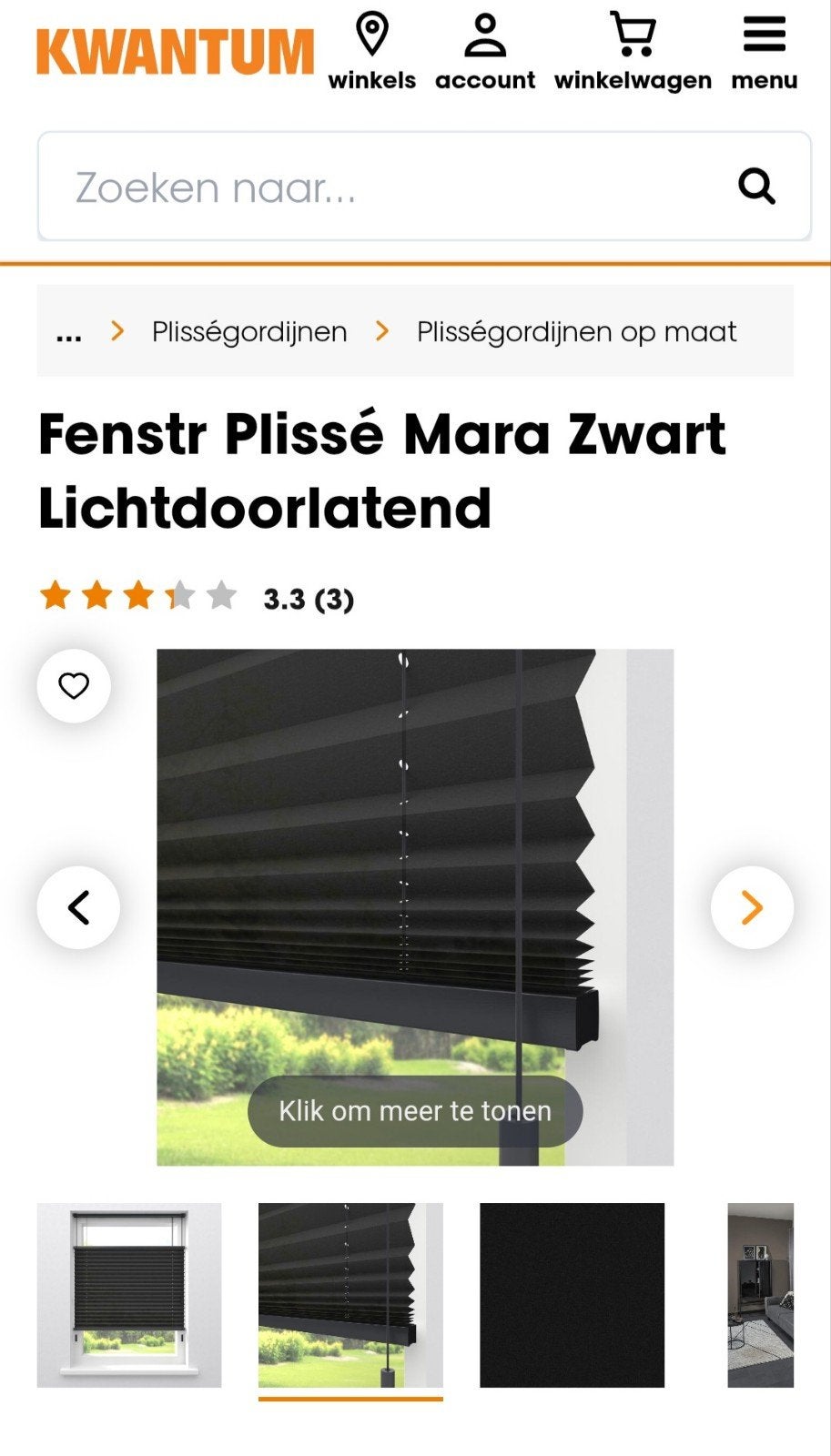 Plissé gordijn Mara, NIEUW!!! 144b x 152h, Ophalen, Kwantum, Zwart, Nieuw