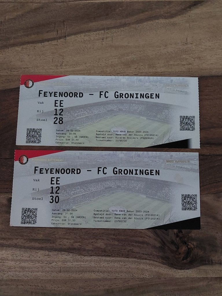 2 oude kaarten Feyenoord-Groningen 29-02-2024 Halve finale, Ophalen of Verzenden, Nieuw, Feyenoord, Overige typen