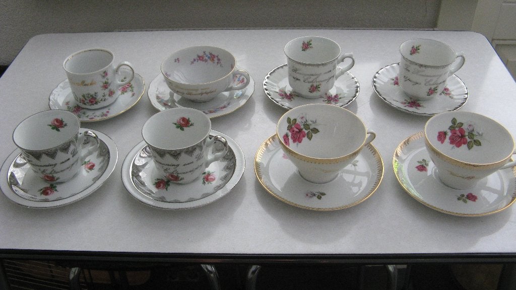 vintage kop en schotels met tekst niet gebruikt, Verzenden