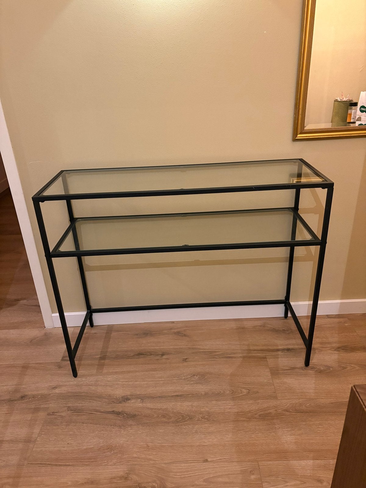 Glazen console tafel sidetable met metalen frame, Ophalen, 50 tot 100 cm, Glas, Zo goed als nieuw