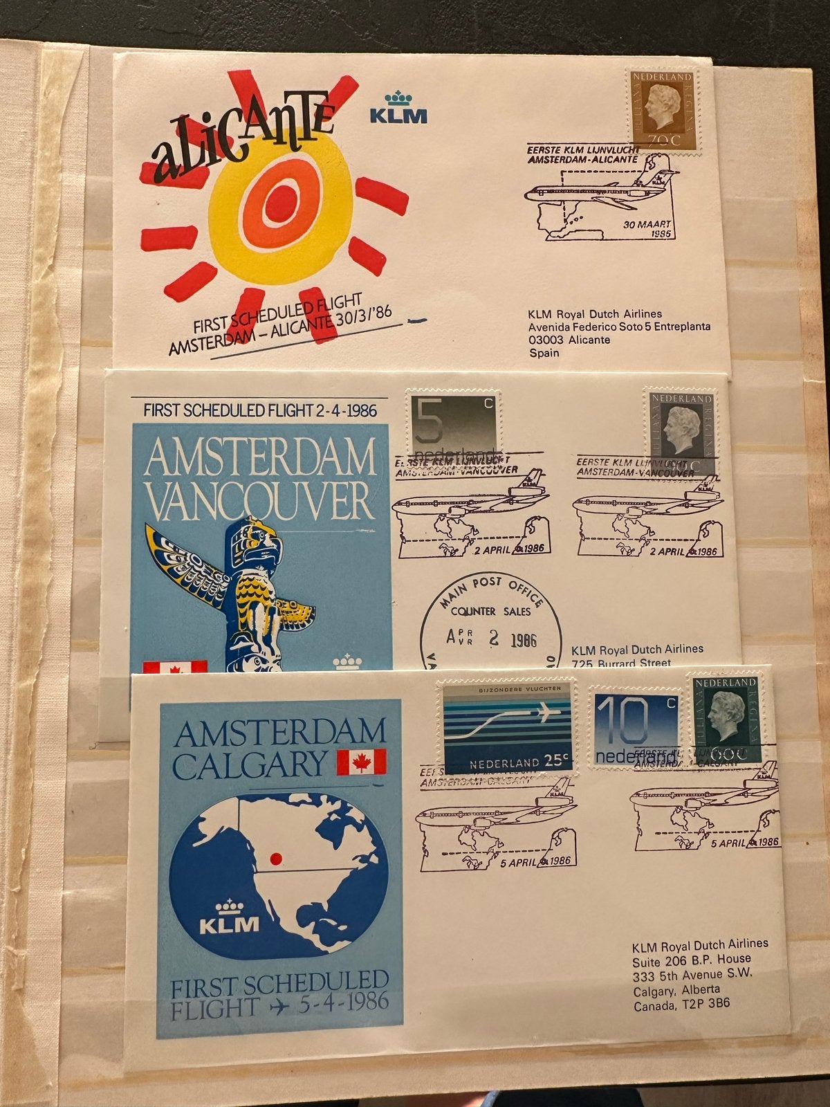 3 KLM Eerste Vlucht Enveloppen - Alicante, Calgary, Vancouve, Ophalen of Verzenden, Beschreven, Rest van de wereld