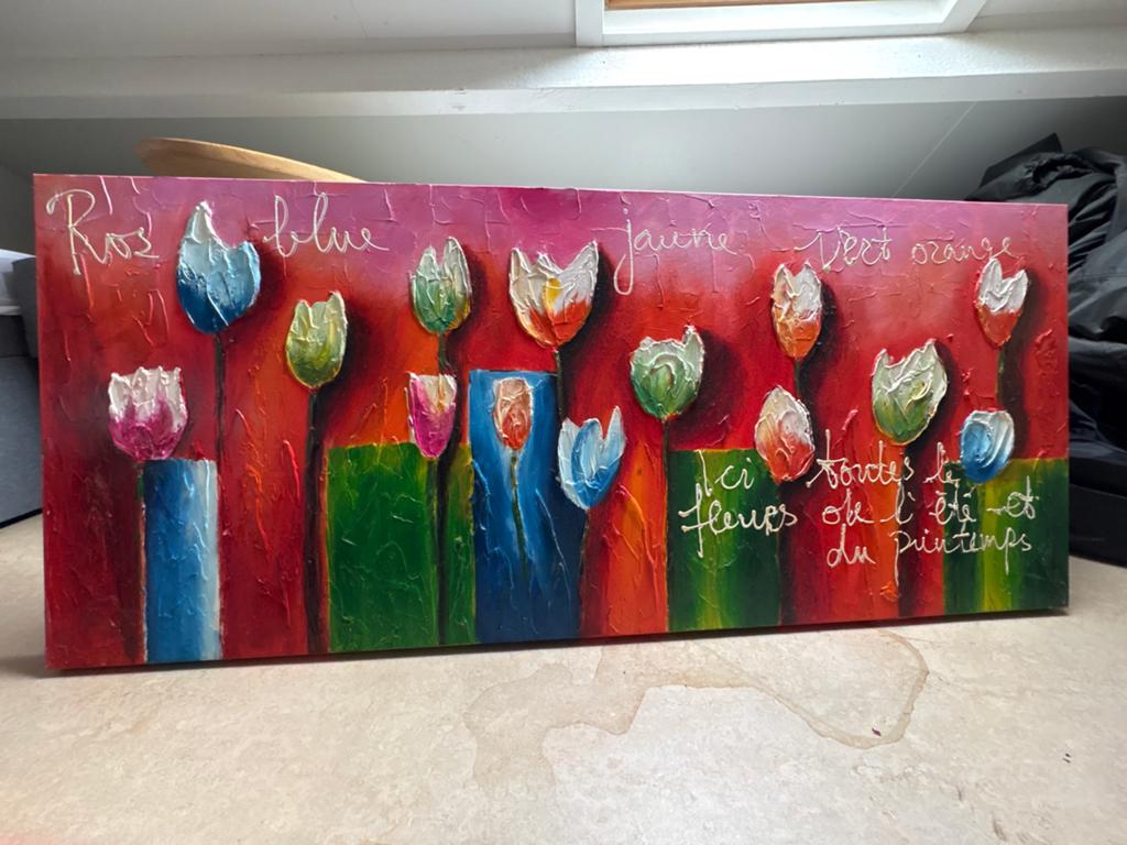 Schilderij met kleurrijke tulpen en Franse tekst, Ophalen