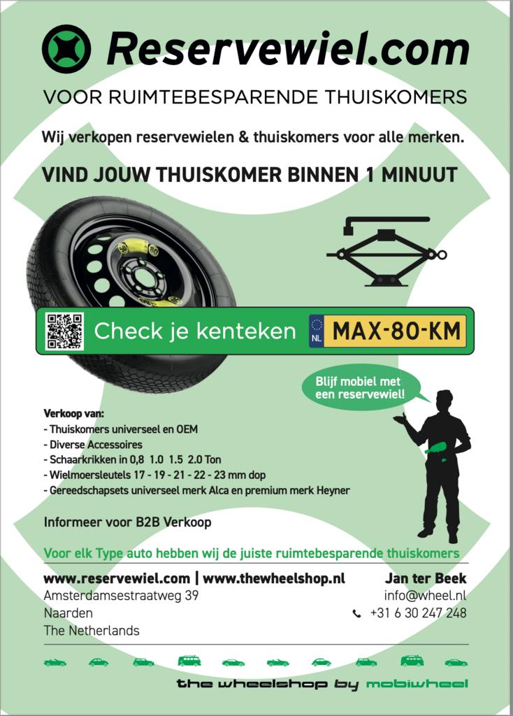 Thuiskomer Reservewiel vr ZOMER VAKANTIE '26 Bestel NU !, Gebruikt, Reservewiel.com, -, Banden en Velgen