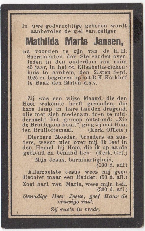 Mathilda Jansen 1880 Bronckhorst + 1925 Arnhem, 45 jaar oud, Verzamelen, Ophalen of Verzenden