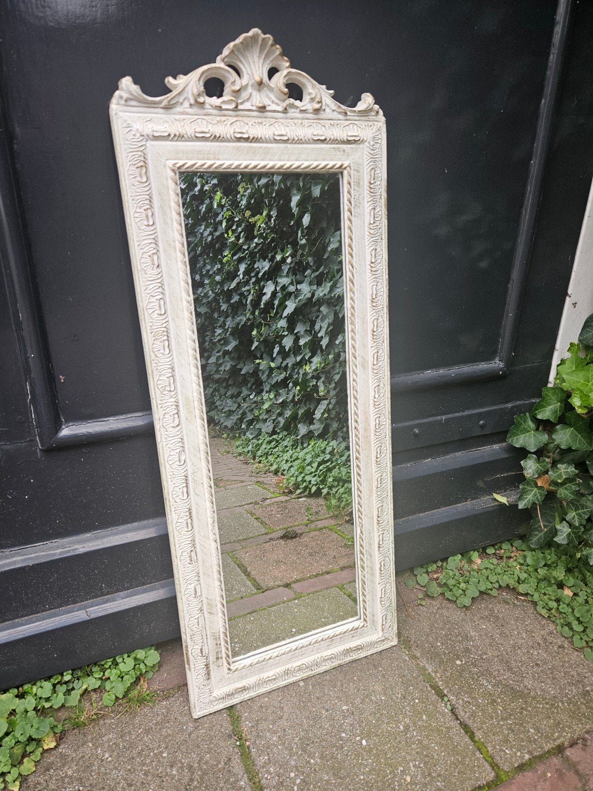 Houten wit/gouden spiegel met sierlijke lijst - 90x35 cm, Ophalen, Minder dan 50 cm, Zo goed als nieuw, Minder dan 100 cm