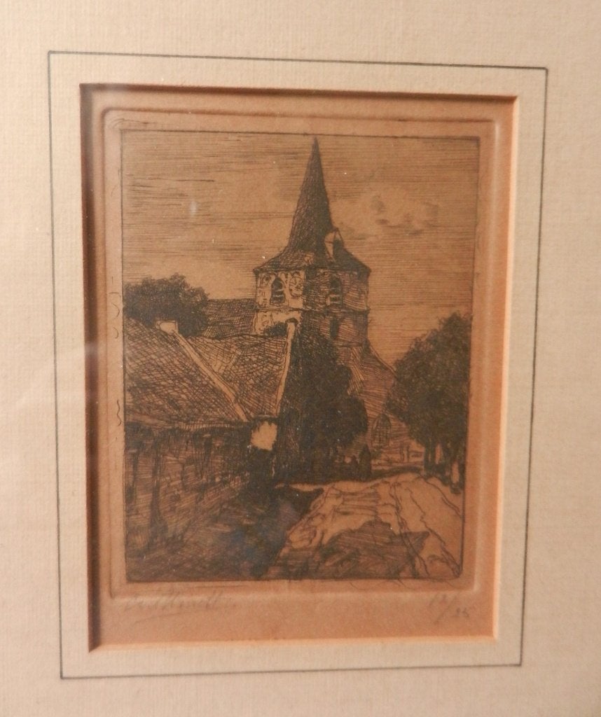 Leuke kleine ets met Dorpsstraatje Chris van der Windt, 10 cm, 8 cm, Ets, Ophalen of Verzenden