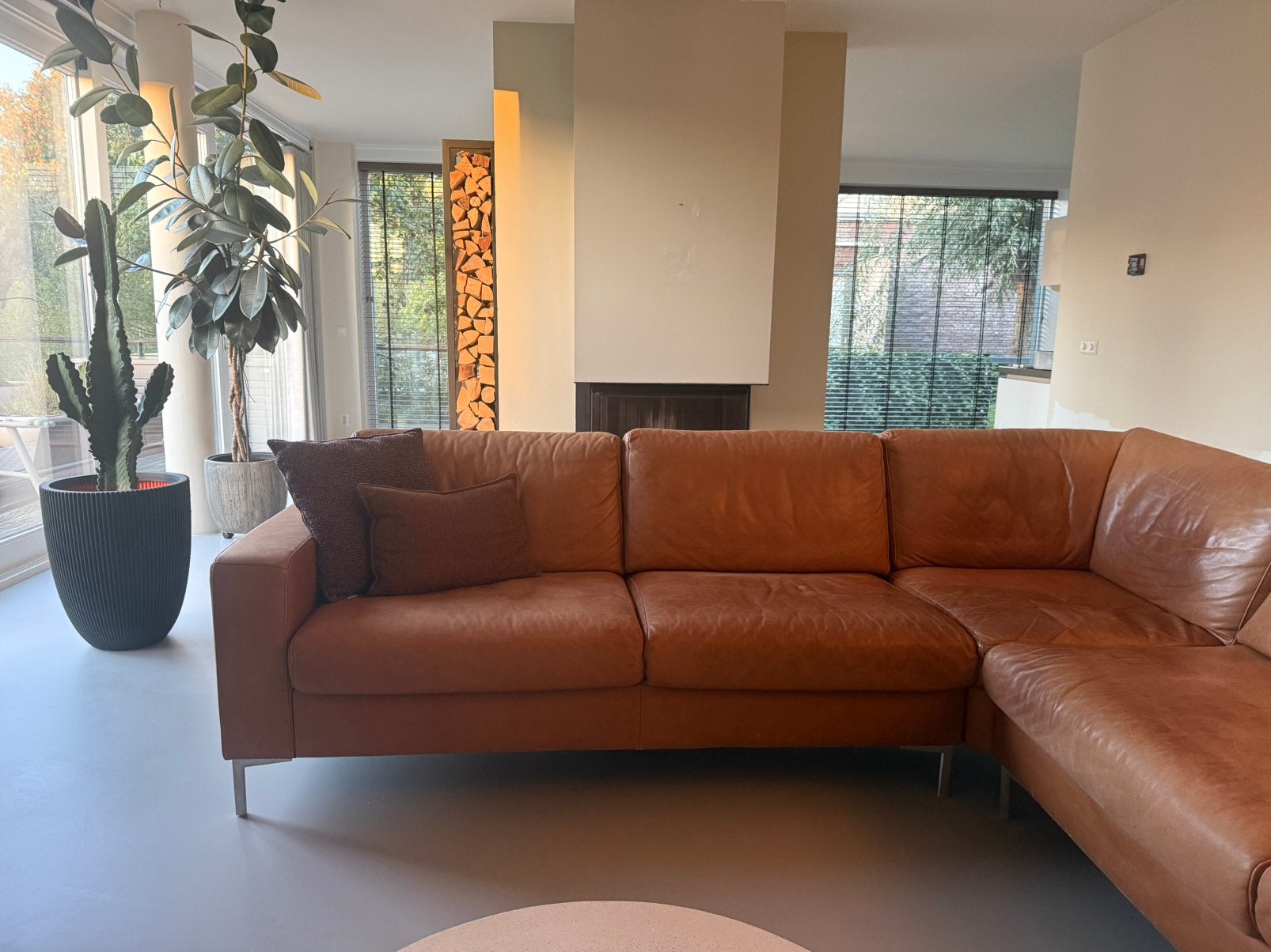 Hoekbank leer cognac, Ophalen, Gebruikt, Leer