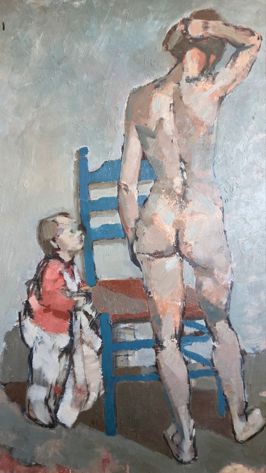 Olieverfschilderij: Naaktfiguur met kind en stoel, Antiek en Kunst, Kunst | Schilderijen | Modern, Figuren, Ophalen of Verzenden