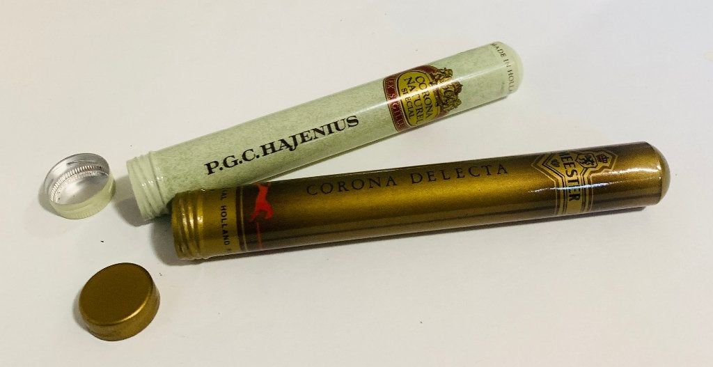 2 Vintage Ritmeester en Corona Hajenius sigarenkokers, Ophalen of Verzenden, Gebruikt, Tabaksdoos of Verpakking