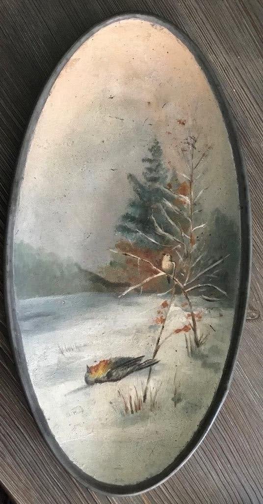 Vintage ovale schaal met vogels in een winters landschap, Ophalen of Verzenden