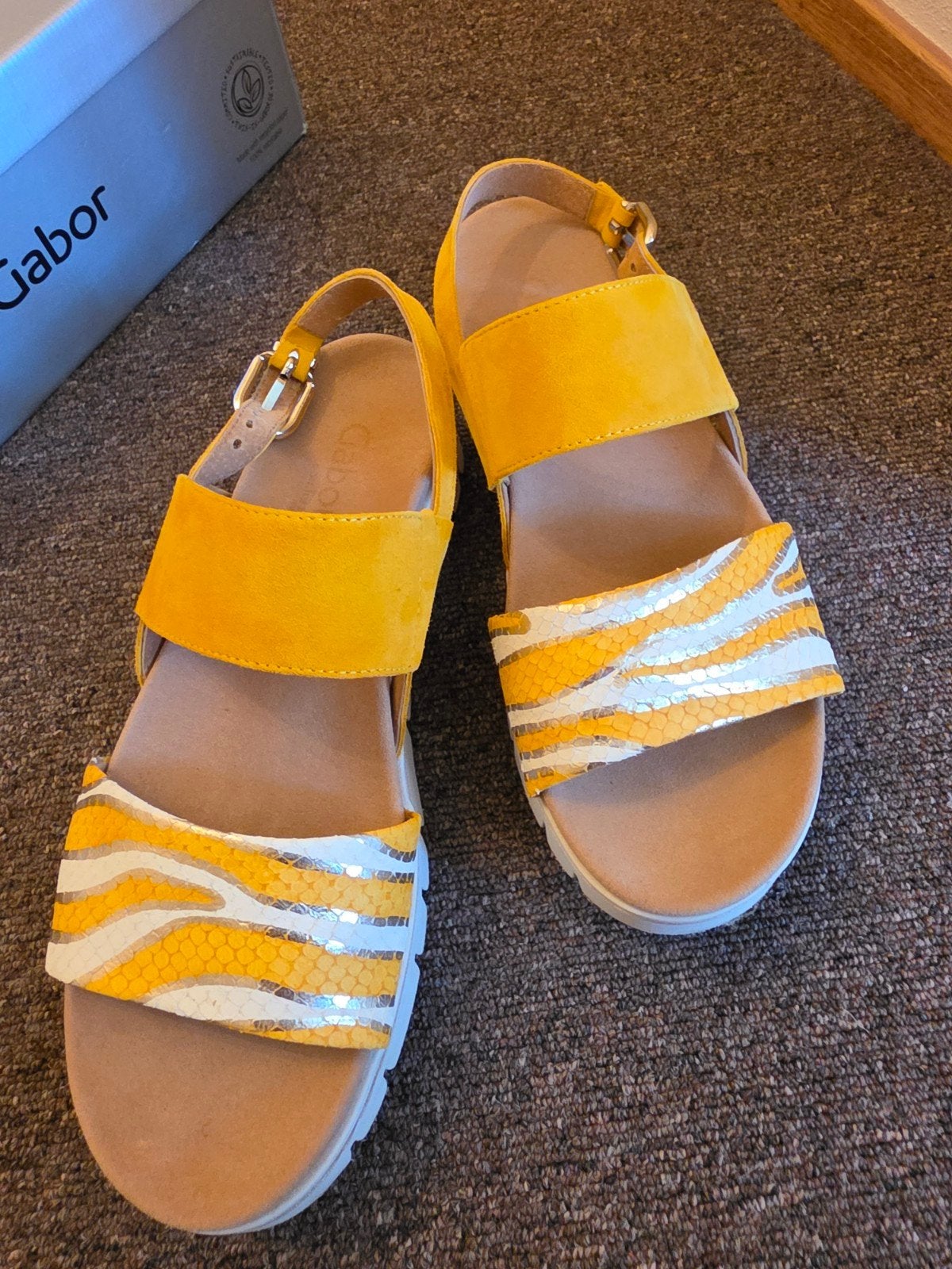 Gabor Comfort sandalen maat 40, brede G, geel met zebraprint, Geel, Gabor, Zo goed als nieuw, Sandalen of Muiltjes