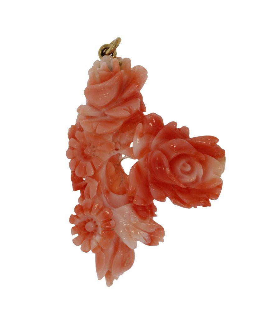 Grote koraal bloem roos 14k gouden ketting hanger antiek, Verzenden, Goud, Hanger, Met edelsteen