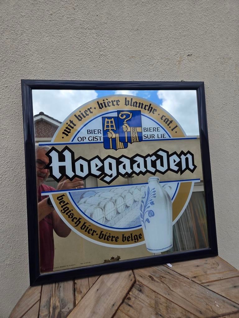 Hoegaarden reclamespiegel in lijst - 50x50 cm, Ophalen of Verzenden, Gebruikt, Reclamebord, Plaat of Schild, Overige merken