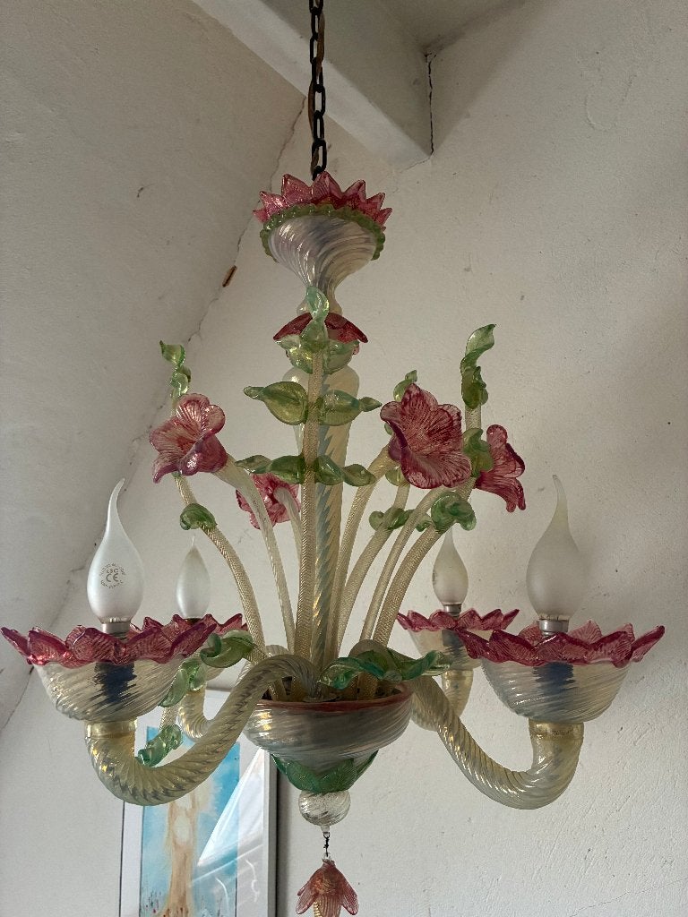 Vintage glazen kroonluchter – Murano stijl – roze/groen, Ophalen, Gebruikt, Glas, E14 (klein)