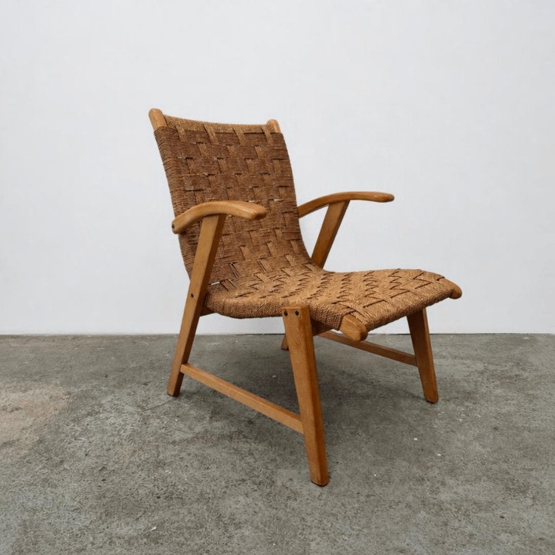 Vintage gevlochten fauteuil hout & touw, van Pelt /Dieckmann, Huis en Inrichting, Ophalen, Minder dan 75 cm, Onbekend, Onbekend