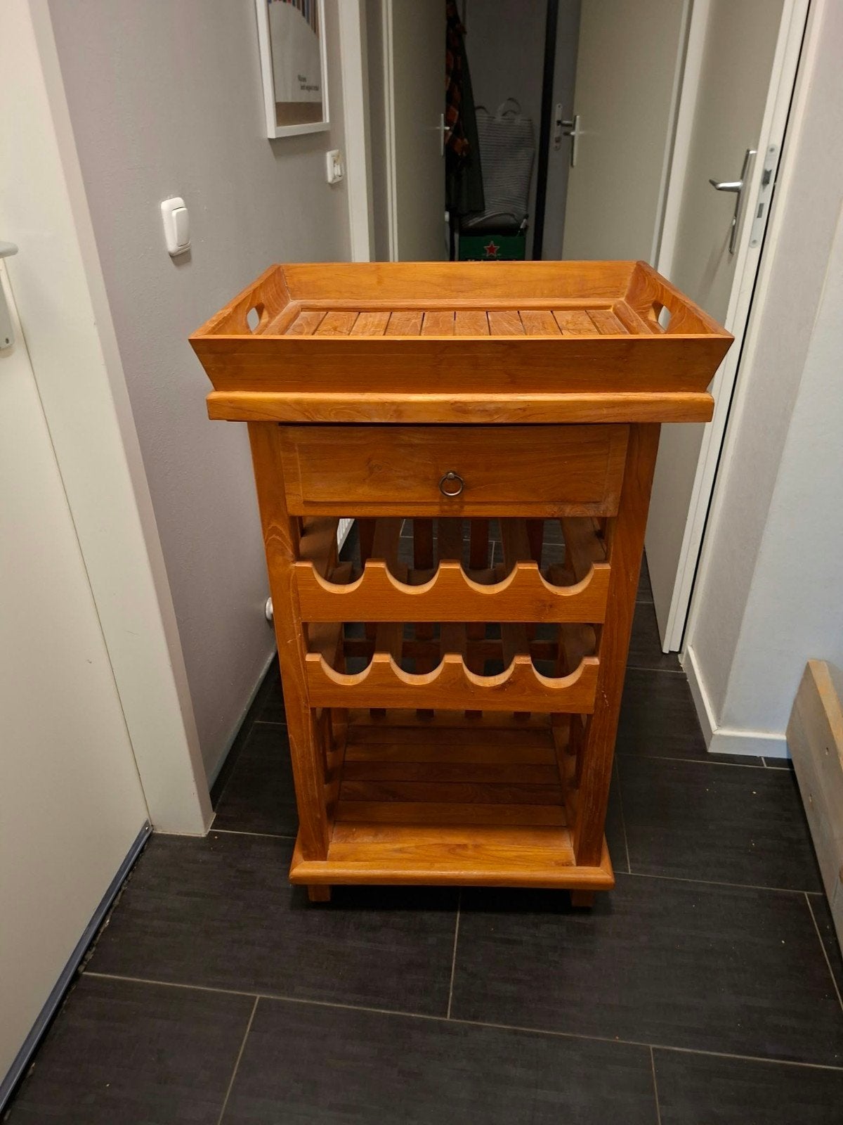 Wijnrek met lade en dienblad - massief hout, Ophalen, Gebruikt, Hout