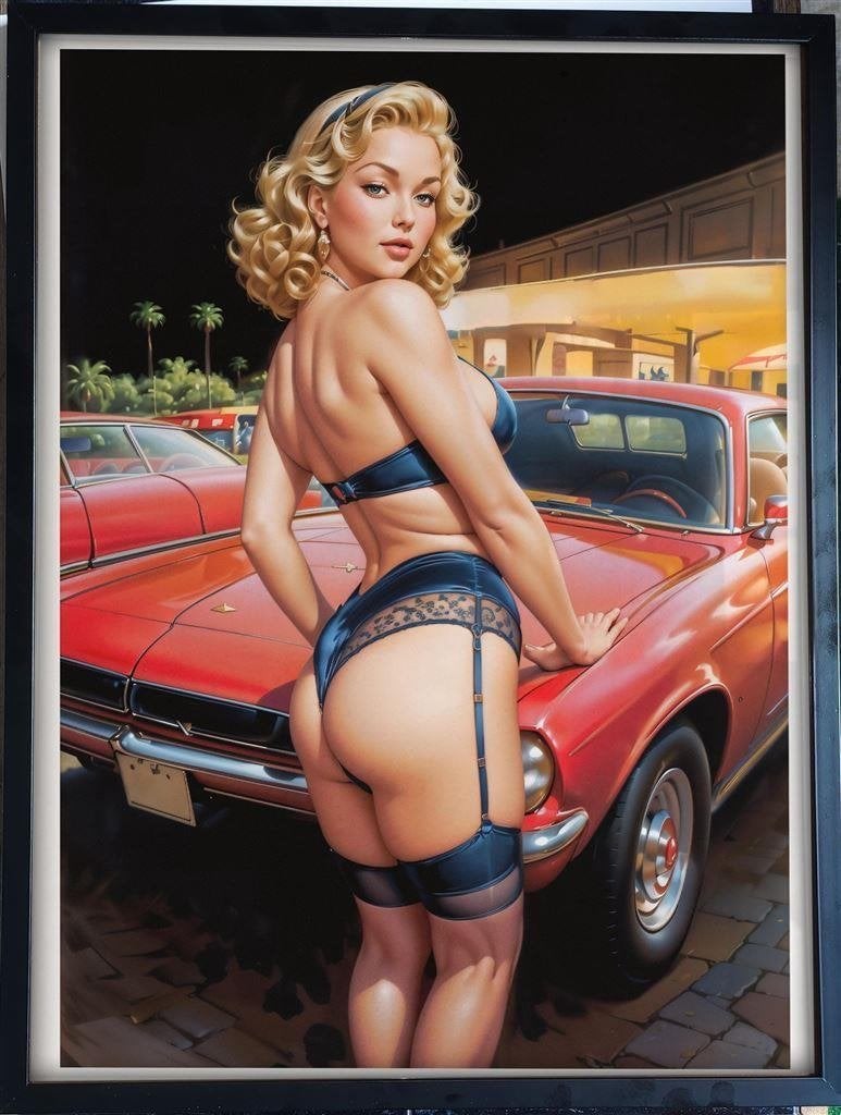 [Poster in Frame] Sexy Blond Retro Lingerie Pin up girl auto, Verzenden, Nieuw, A1 t/m A3, Film en Tv