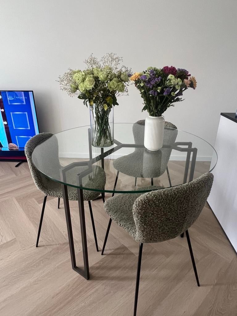 Ronde glazen eettafel met koperen poten, 120 cm, Huis en Inrichting, Tafels | Eettafels, Ophalen, Gebruikt, 100 tot 150 cm, Rond