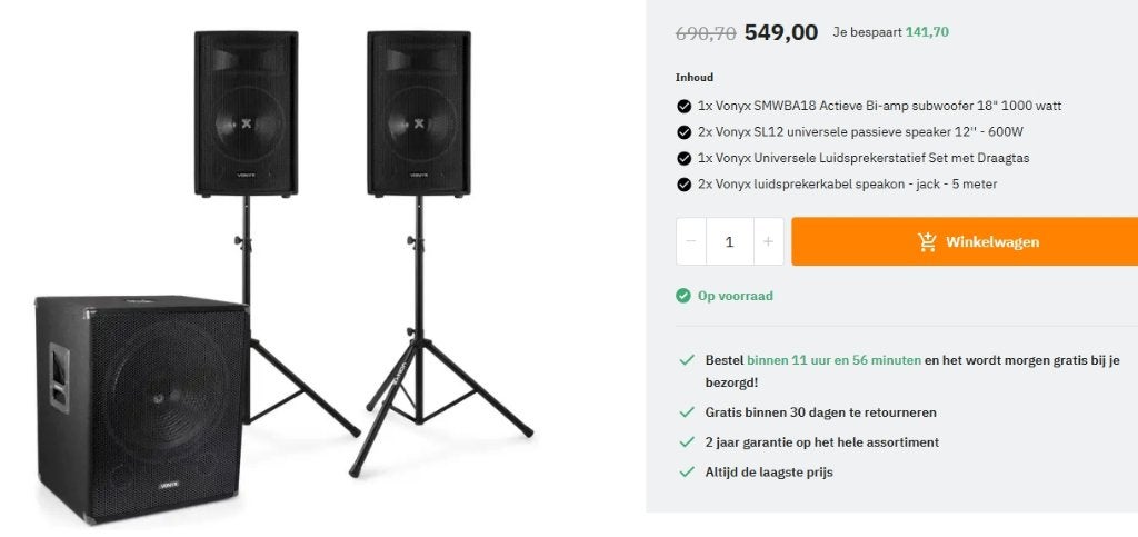 Vonyx SMWBA18 speakerset, Ophalen, Gebruikt, 1000 watt of meer, Overige typen
