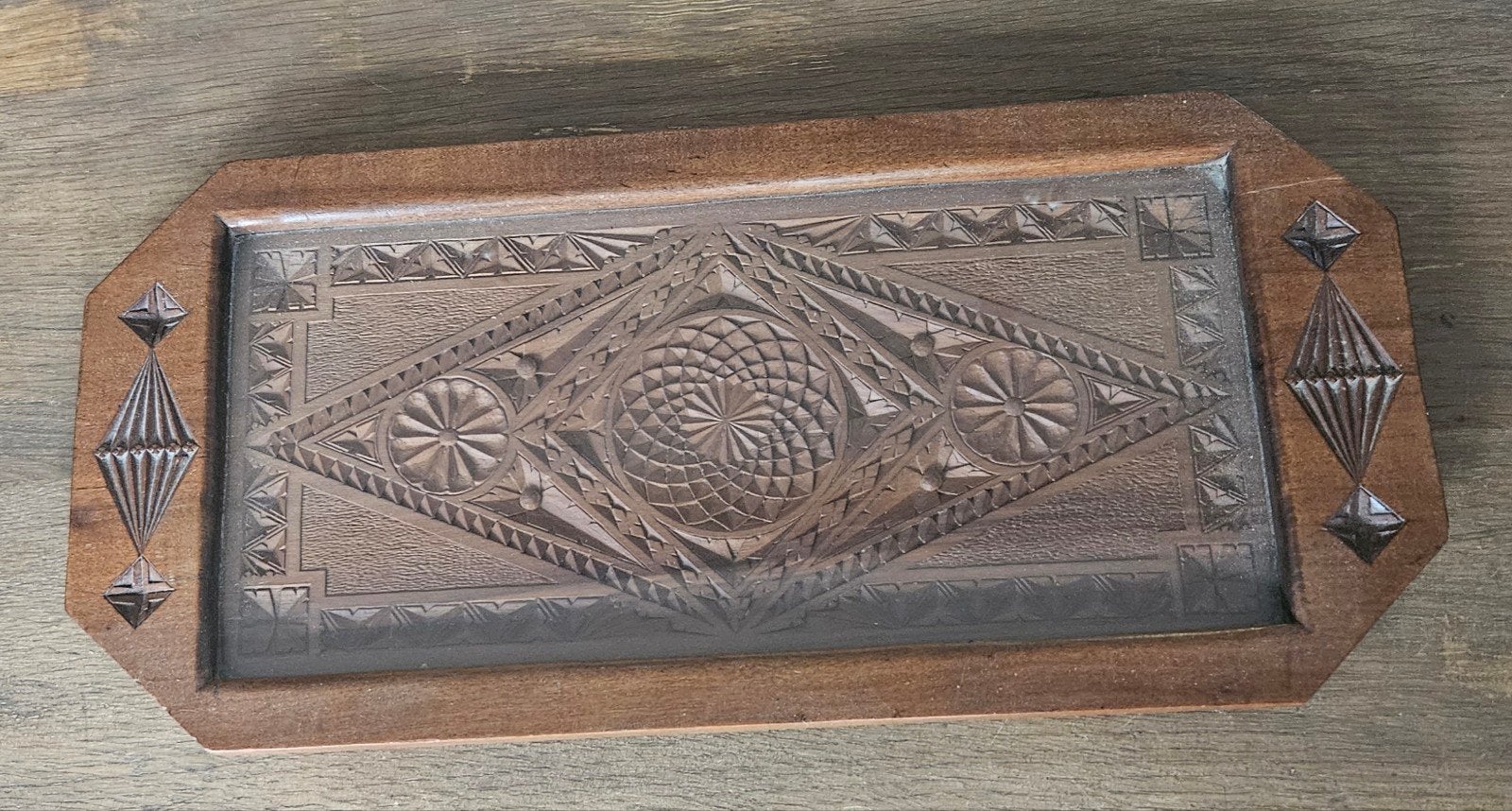 Antiek houten dienblad - Fries houtsnijwerk (Gesigneerd), Ophalen of Verzenden