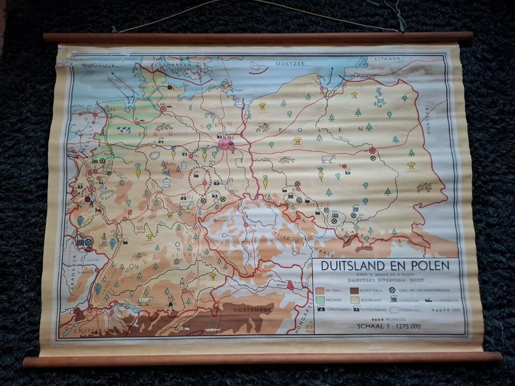 Oude schoolkaart Duitsland en Polen W Bakker en H Rusch, Antiek en Kunst, Ophalen, Aardrijkskunde