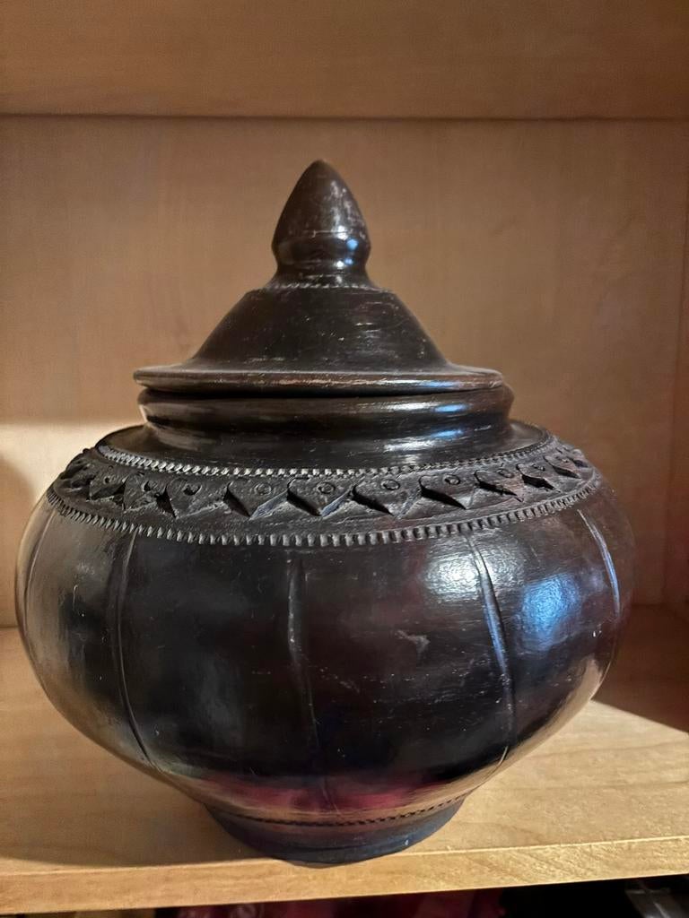 IN PRIJS VERLAAGD! Prachtige Vintage Raku pot met deksel, Overige kleuren, Aardewerk of Porselein, Ophalen of Verzenden, Zo goed als nieuw
