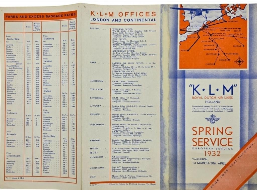 Flyer – KLM Spring Service European Service March April 1932, Verzenden, Maandkalender