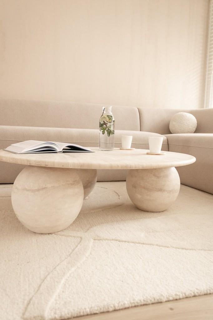 Travertin Salontafel Vada - Prachtige bollen met rond blad, Huis en Inrichting, Tafels | Salontafels, Ophalen, Overige materialen