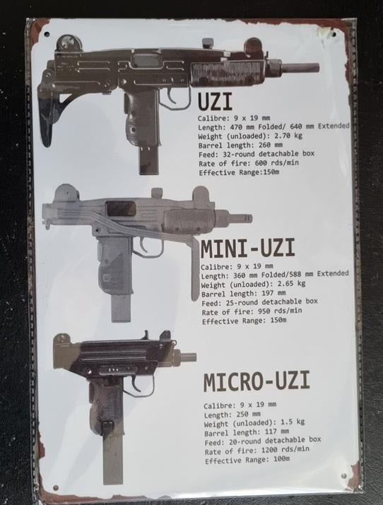 Metalen bord vintage-look UZI machinepistool, Ophalen of Verzenden, Landmacht, Nederland, Overige typen