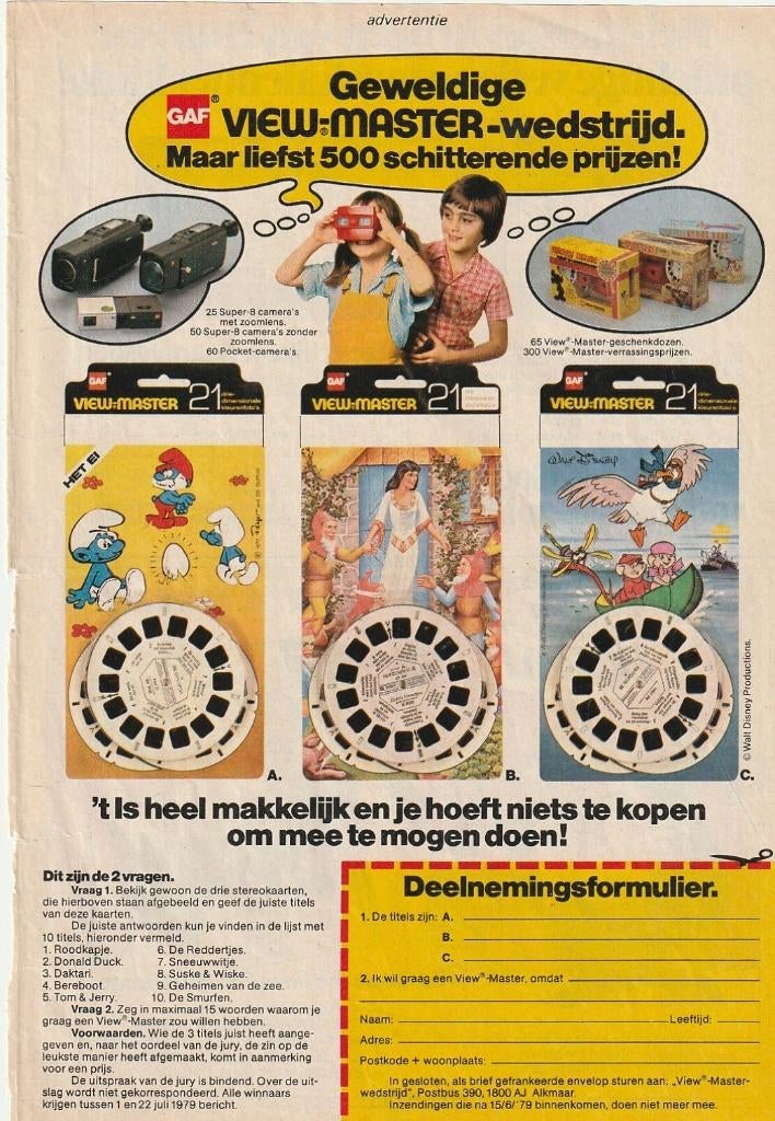 Retro reclame 1979 View-Master speelgoed Smeeuwwitje, Verzamelen, Retro, Verzenden, Overige typen