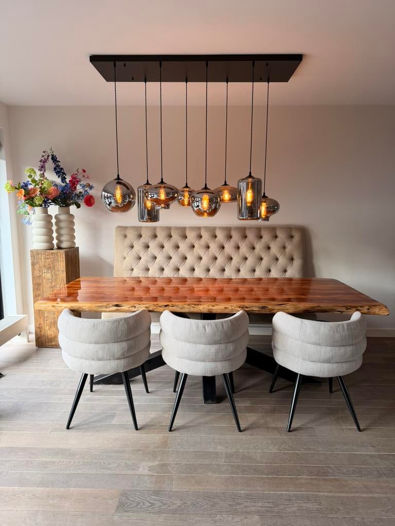 Robuuste eettafel 240100 cm + eetbank, stoelen en lamp, 200 cm of meer, Zo goed als nieuw, Rechthoekig, 50 tot 100 cm