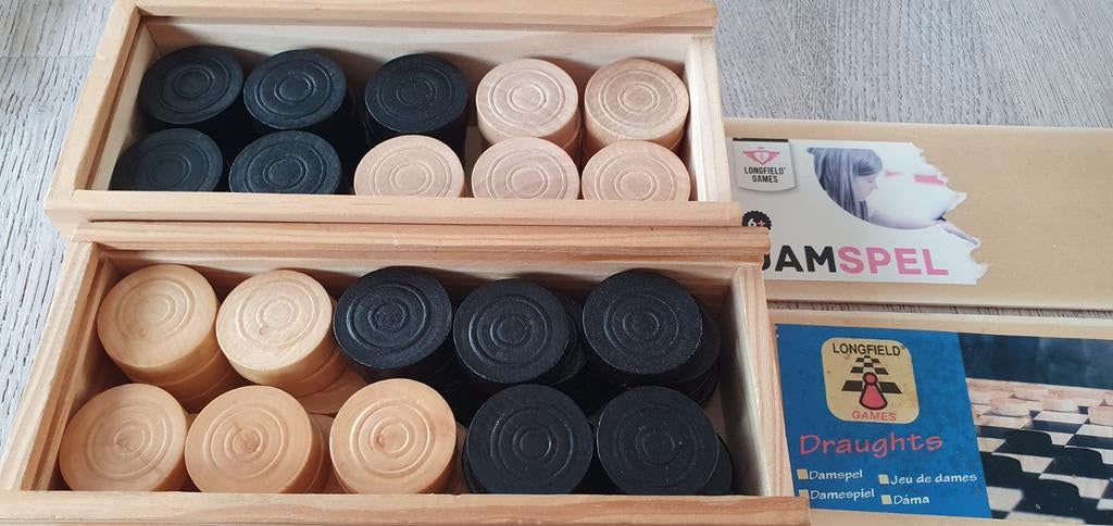 Houten Damstenen in Doos (Zonder Bord), Gebruikt, Een of twee spelers, Longfield Games, Ophalen of Verzenden