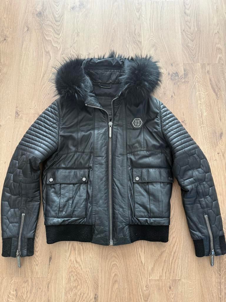 Philipp Plein Leren Jas met Bontkraag - Origineel, Kleding | Heren, Ophalen, Maat 52/54 (L), Zwart, Philipp Plein