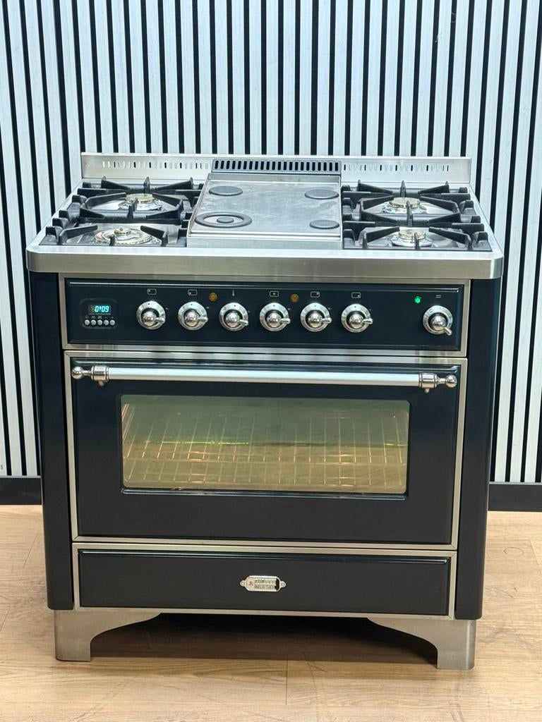 Luxe Boretti Majestic Fornuis antraciet/chroom 91x70 cm, Fornello Esperta, Ophalen of Verzenden, Zo goed als nieuw, Energieklasse A of zuiniger