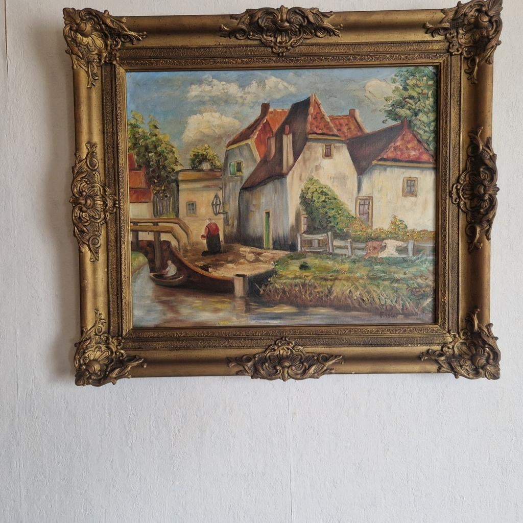 2 Antieke schilderijen met gouden lijst, Antiek en Kunst, Ophalen