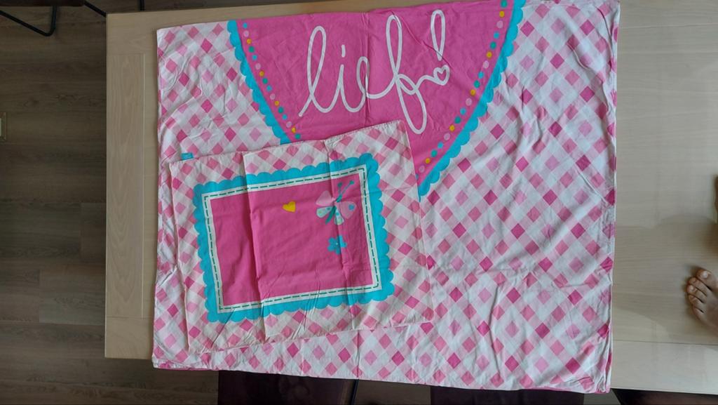 Lief Roze geruit dekbedovertrek met vlinder en bloemen, Gebruikt, Meisje, Dekbedovertrek, Ophalen of Verzenden