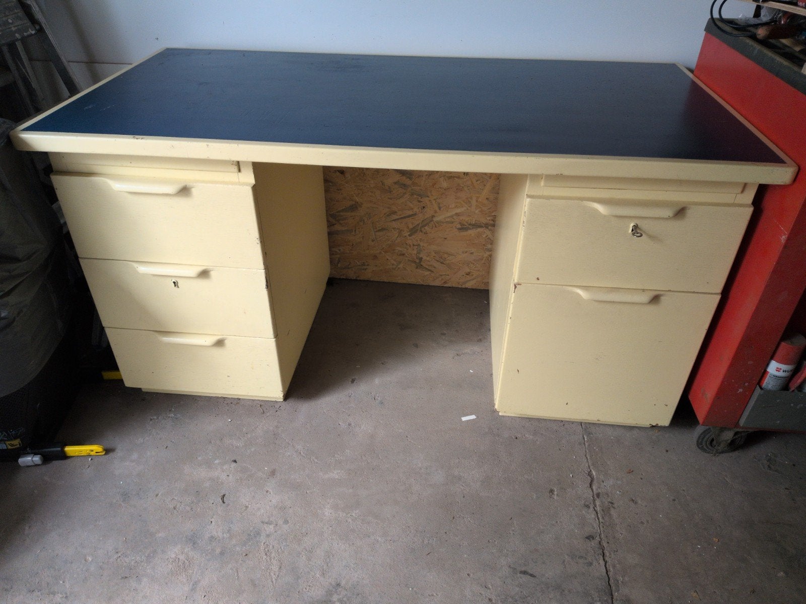 Vintage houten Philips bureau met laden, Ophalen, Gebruikt, Hout, Industrieel