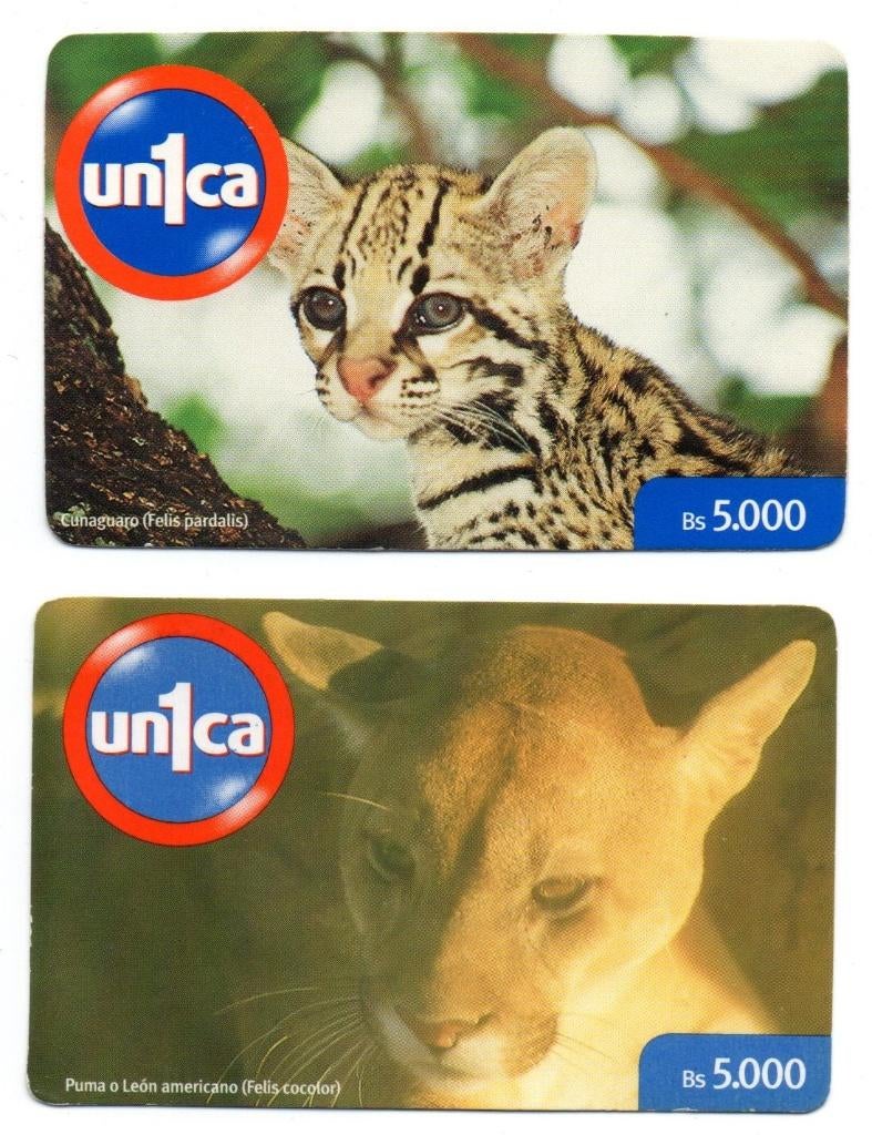 Venezuela, 2 prepaid kaarten, poema en ocelot, Ophalen of Verzenden, Buitenland