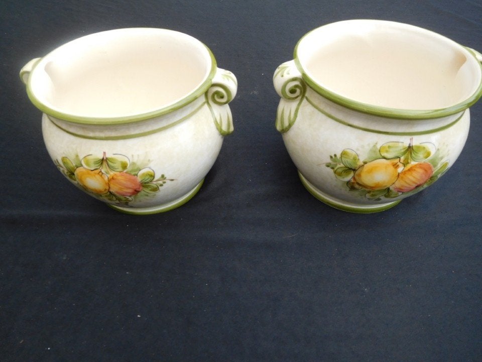 Vintage Bloempotten 2 x van Keramiek Handgeschilderd met, Antiek en Kunst, Curiosa en Brocante, Ophalen