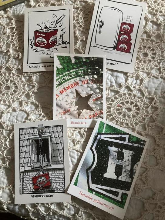 Set van 5 Amstel en Heineken Bier reclamekaarten, Ophalen of Verzenden, 1980 tot heden, Ongelopen, Overige thema's