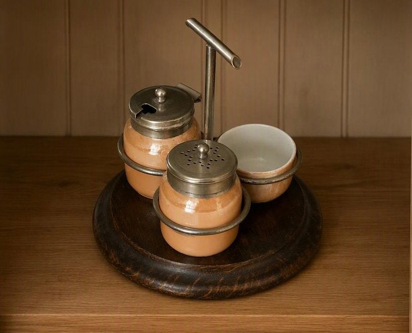 Antiek verzilverde epns menage set Newport Pottery Luster, Antiek en Kunst, Ophalen of Verzenden