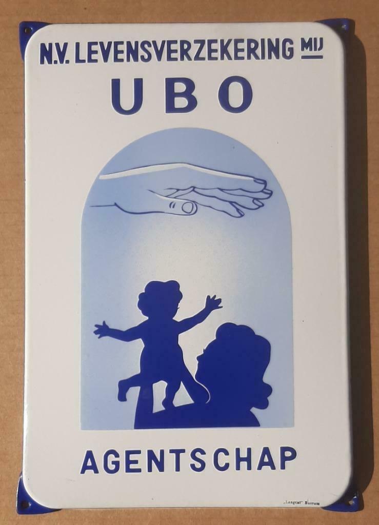 Origineel antiek emaille reclamebord - UBO Levensverzekering, Ophalen of Verzenden, Gebruikt, Reclamebord