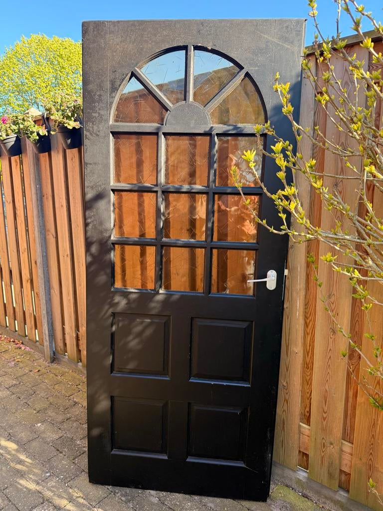 Blauwe opdek binnendeur met Glas - Klassiek Design, Doe-het-zelf en Verbouw, Deuren en Horren, Ophalen, Gebruikt, 80 tot 100 cm
