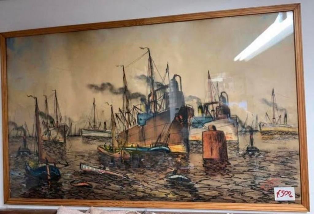 Schilderij Krijt tekening Willem Bos haven gezicht Rotterdam, Antiek en Kunst, Kunst | Schilderijen | Klassiek, Ophalen of Verzenden