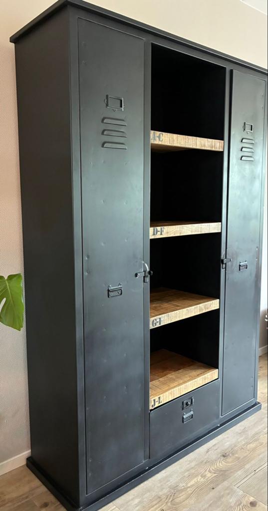 Industriële Locker Garderobekast Zwart - Metaal & Hout, Ophalen, 100 tot 150 cm, Nieuw, Met lade(s)