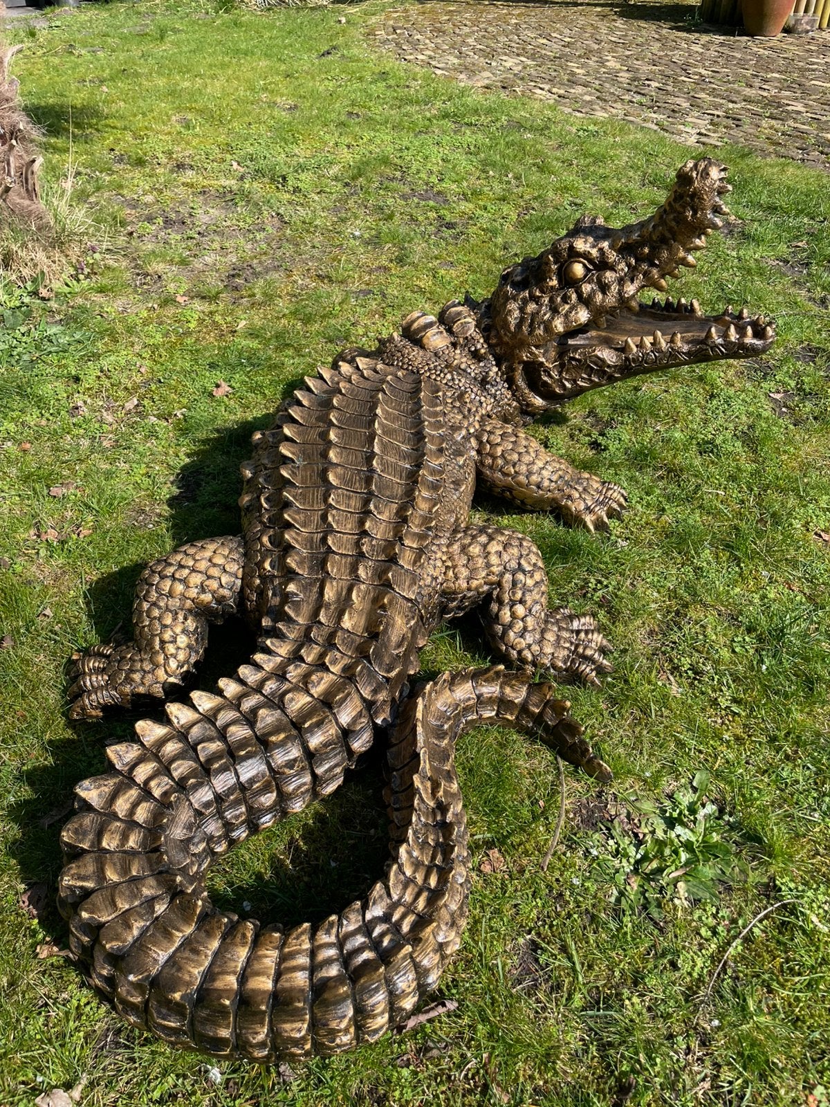 Krokodil antiekgoud brons beeld tuin huis vijver zwembad, Ophalen, Nieuw, Kunststof, Dierenbeeld