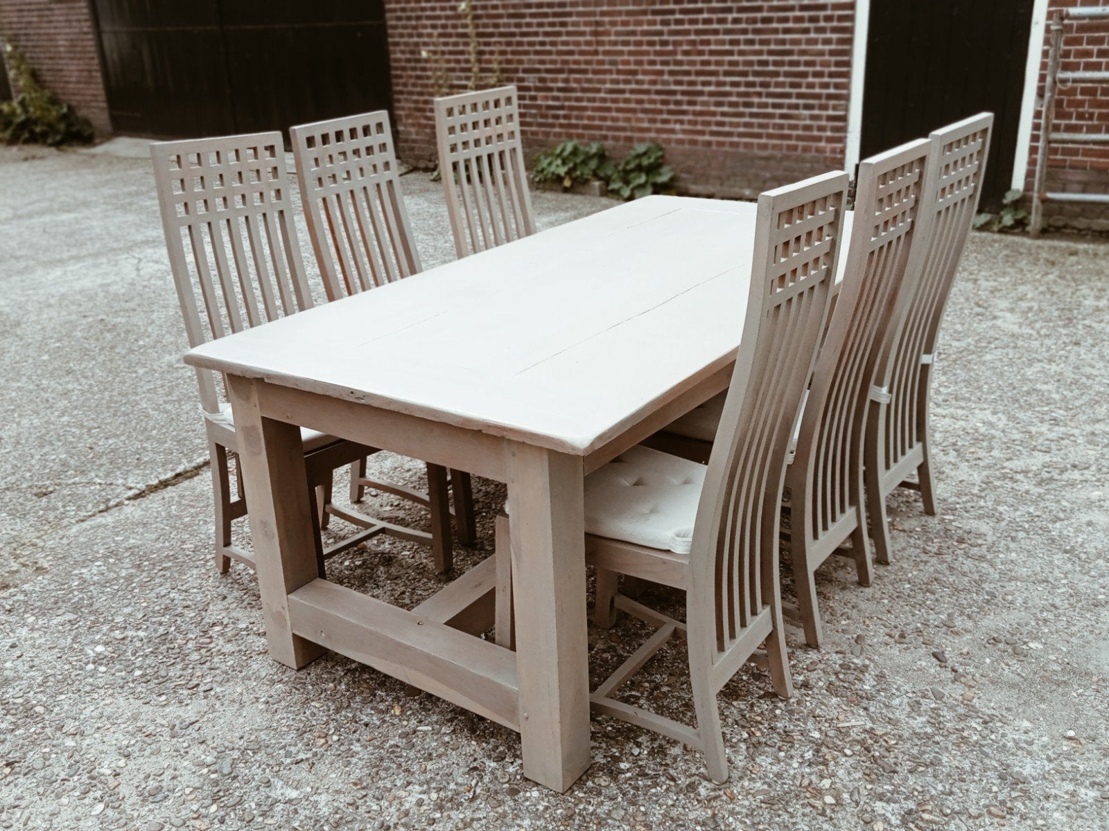 robuuste hardhouten eethoek 6 persoons, Ophalen, Gebruikt, Teakhout, 200 cm of meer