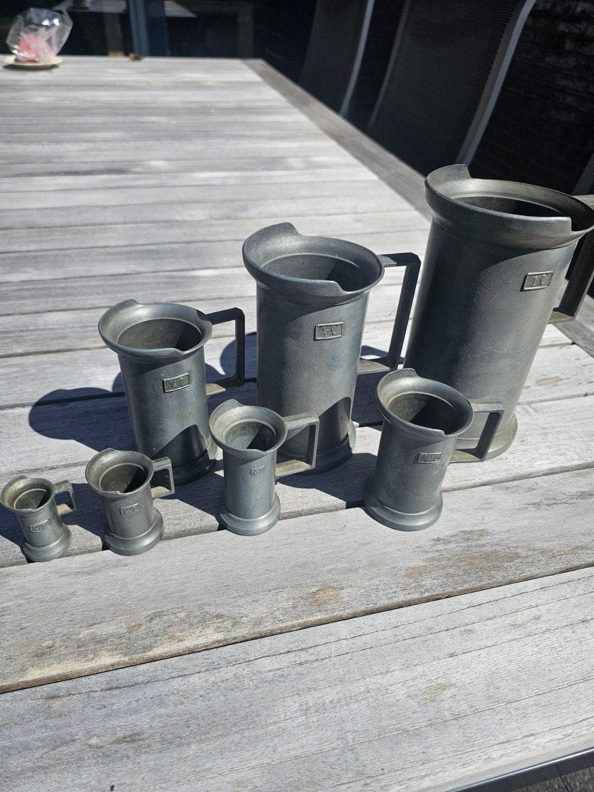 Antieke tinnen maatbekers set Peltrato 7-delig, Antiek en Kunst, Antiek | Tin, Ophalen of Verzenden
