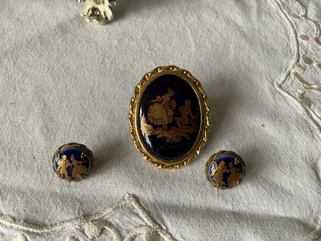 Oude Limoges broche en oorbellen, Sieraden, Tassen en Uiterlijk, Ophalen of Verzenden, Overige materialen, Broche